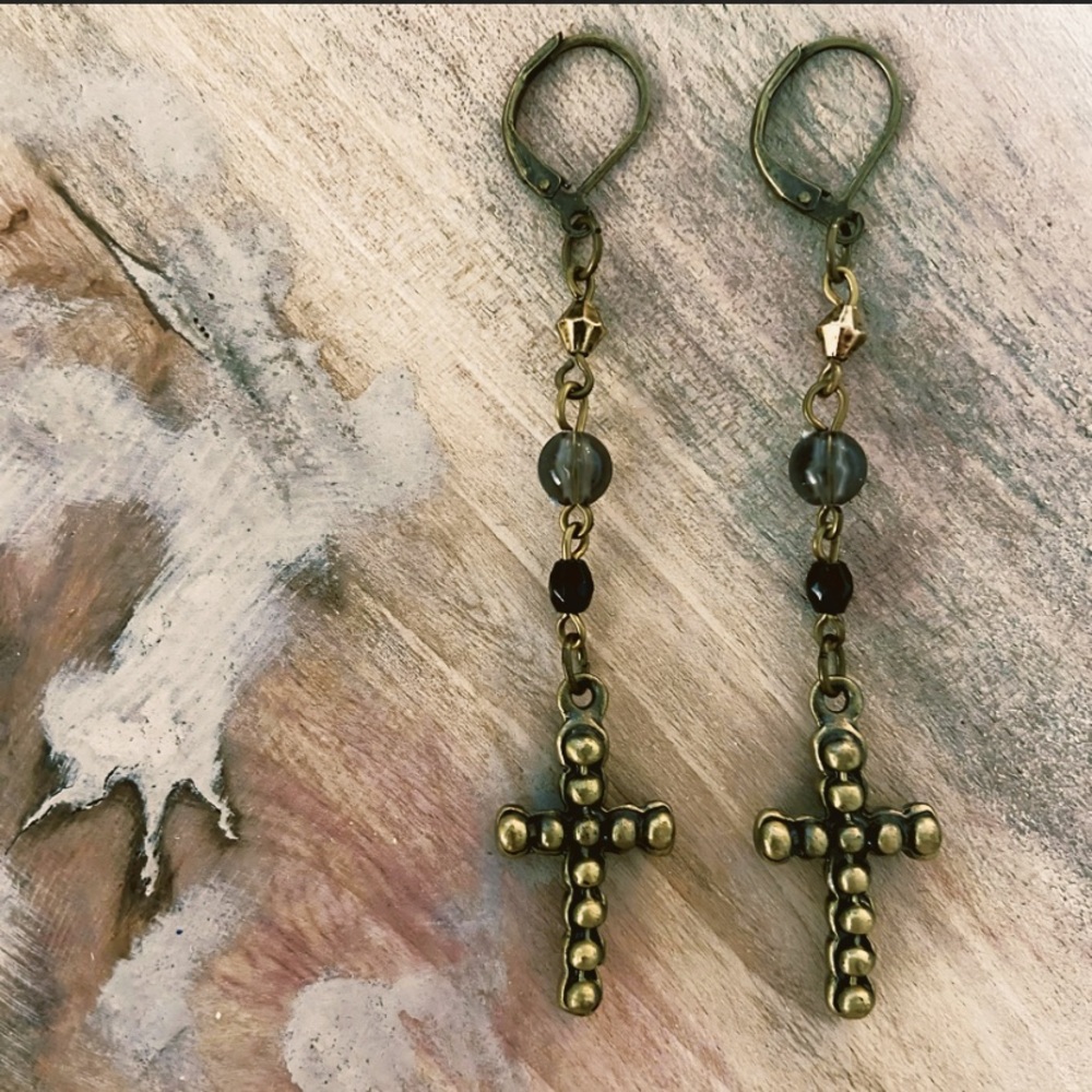 Earrings Western Beaded Gold Cross Dangle